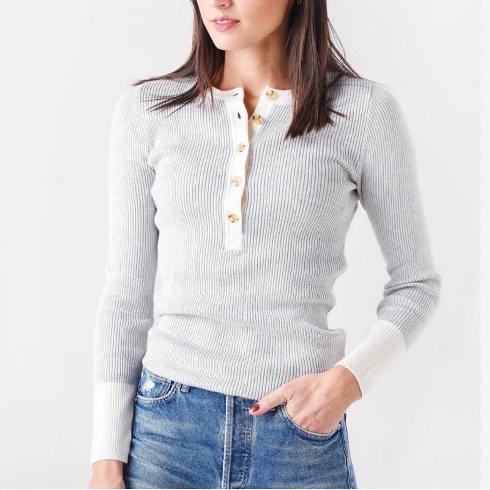 Faherty Mikki Grey Cream Ribbed Organic Cotton Cashmere Henley Size Large